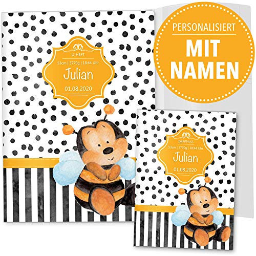 OLGS U-Heft- und Impfpasshüllen Set Creative Royal, Personalisierbares 3-teiliges Set mit Namen und Geburtsdatum, Motiv Biene