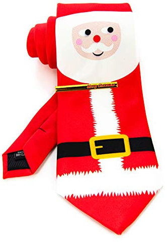 JEMYGINS Cravate Homme Rouge, Père Noël en Polyester Cravate imprimée à motif de Noël et Pinces à cravate Ensemble