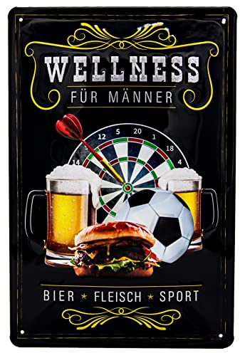 Männer Wellness Blechschild, Fussball, Dart, Bier und Burger Motiv, Lustiger Spruch, Barschild, geprägtes Blechschild 30 x 20 cm, Wanddekoration, Küchenschild