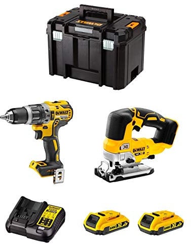 DeWALT Kit DWK202 (Taladro Percutor DCD796 + Sierra de Calar DCS334 + 2 Baterías de 2,0 Ah + Cargador + TSTAK VI)