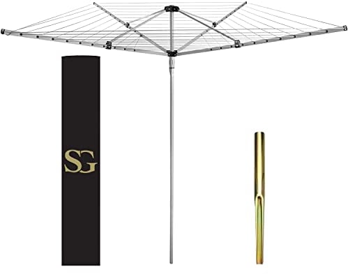 SG Traders 4 Arm 50m Rotary Washing Line Outdoor, Heavy Duty Large Clothes Rotating Airer Dryer Garden use, Easy to Open and Close along with Ground Spike and Cover, Silver (50m)
