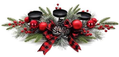 27.5-Inch Christmas Table Centerpiece with Candle Holders, Red Berries, and Pine Cones