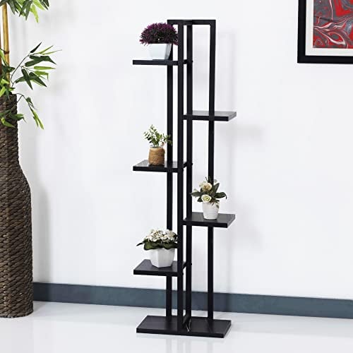 [en.casa] Support de Plantes à 6 Niveaux de Rangement Étagère à Fleurs Polyvalente Panneau de Particules Métal 120 x 34 x 21 cm Noir Marbre Noir