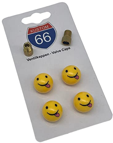 4er Set Ventilkappen + 2 Fahrradadapter - Smiley mit Zunge in gelb - für jedes Auto, Motorrad und Fahrrad geeignet