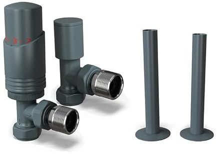 UK Radiators Anthracite Radiator Valves 15mm Angled Lockshield Valve in Anthracite and Matt Finish, Classy and Modern Design 1/2 x 15mm Angled Radiator Valves, with Anthracite Matte 130mm Pipe Covers