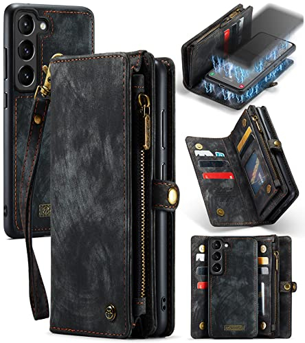 UFinetech Samsung S23 Hülle, Stoßfest Kartenfach Magnetisch Abnehmbare Tasche Samsung Galaxy S23 5G Handyhülle, Flip Reißverschluss Lanyard Leder TPU Klapphülle Kratzfest Schutzhülle Case 2023,Schwarz