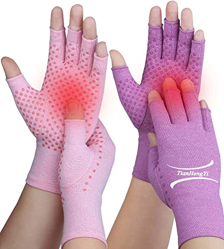 2 Paar Arthritis-Handschuhe zur Schmerzlinderung, Kompressionshandschuhe für Arthritis, Karpaltunnel, Arthrose, Gelenk, Tippen, Fahren, fingerlose Handhandschuhe für Damen und Herren (Rosa1+Violett1,