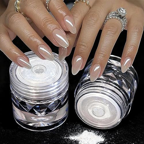 Moonlight Aurora Chrome Nail Powder - 2Pcs White Shimmer Magic Holographic Glitter for Nail Art Design 0.5g/Jar