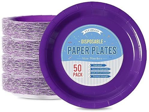 Tyzarglef Disposable Paper Plates Purple, 50 Count 9” Dinner Plates Bulk for Party Supplies, Colored and Sturdy Party Plates for Birthday, Halloween, Baby shower, Bridal party supplies