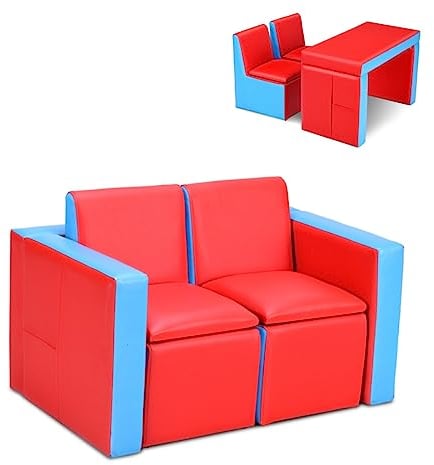 LIFEZEAL 2 in 1 Kindersofa, Kindercouch als Kindertisch & Stuhl Set, Multifunktionaler Kindersessel für Kinderzimmer, Kinder Couch Spielstuhl für Jungen & Mädchen (Rot & Blau)
