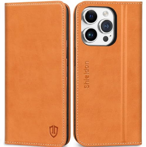 SHIELDON Hülle für iPhone 15 Pro, Handyhülle 5G Schutzhülle [Rindsleder] [Kartenfach] [Magnet] [Stand] [RFID Blocker], TPU Stoßfest Lederhülle Kompatibel mit iPhone 15 Pro 6,1 - Braun