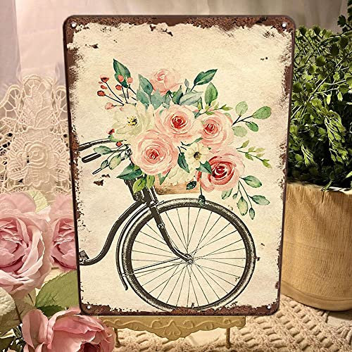 Victorian Decor French Rose Garden Metal Tin Sign - Bike with Flower Red Rose Funny Tin Sign - Summer Spring Wall Decor Farmhouse Decor for Home Cafes Office Store Pubs Club, 30 x 20 cm