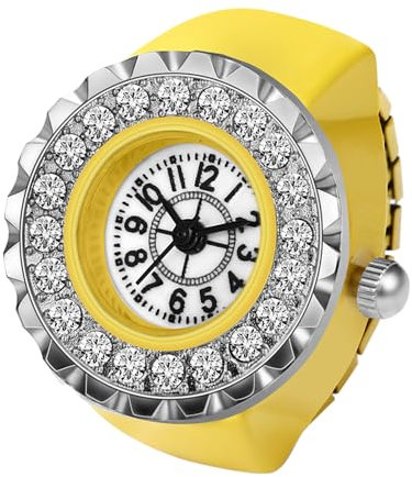 JewelryWe Ringuhr Fingeruhr Damen Elastisch - Elegant Glitzer Strass Rund Analog Quarz Fingerringuhr Ring Uhr Uhrenring mit Gelb Legierung Elastisch Band