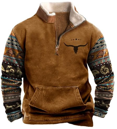 XUSAI Felpe in Pile Azteco Vintage Western da Uomo da Lavoro Casual con Cappuccio Pullover Attivo all'aperto con Tasche,Marrone,M