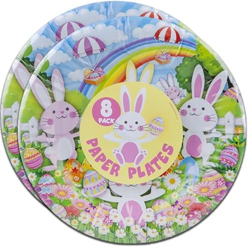 Quickdraw 16 x Easter Paper Plates 18cm Cute Bunnies & Eggs Design Kids Party Tableware for Sweets Snacks & Treats