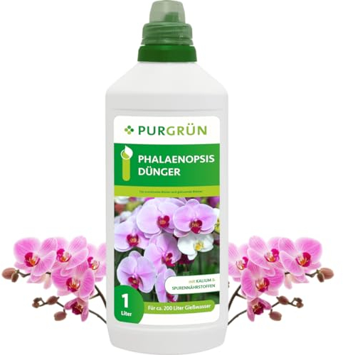 Purgrün® Phalaenopsis-Dünger 1 Liter – Leuchtende Blüten & glänzende Blätter – Schnelle Wirkung mit Spurennährstoffen – Erhöhte Widerstandskraft durch Kalium – Für ca 400 Liter Gießwasser