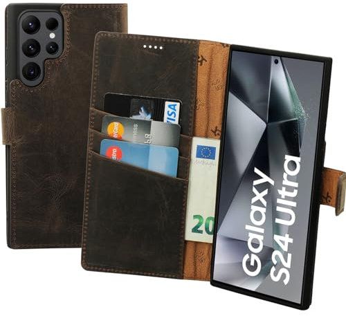 Suncase Book-Style Hülle kompatibel mit Samsung Galaxy S24 Ultra 5G Leder Tasche (Slim-Fit) Lederhülle Handytasche Schutzhülle Case mit 3 Kartenfächer in antik-braun