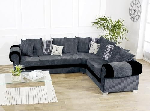 Grey Jumbo Cord Corner Sofa For Living Room Furniture - Modern Left Settee - Scatter Back Suite - Luxury Cheap Couches 555 (Left Hand Side)