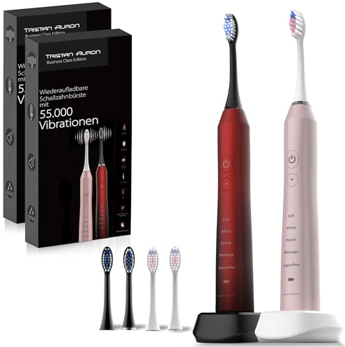 Tristan Auron Doppelpack mit 55 000 Schwingungen 5 Putzmodi IPX7 Wasserdicht 60 Tage Akku - 4 Bürstenköpfe - Schallzahnbürste (rot/pink)