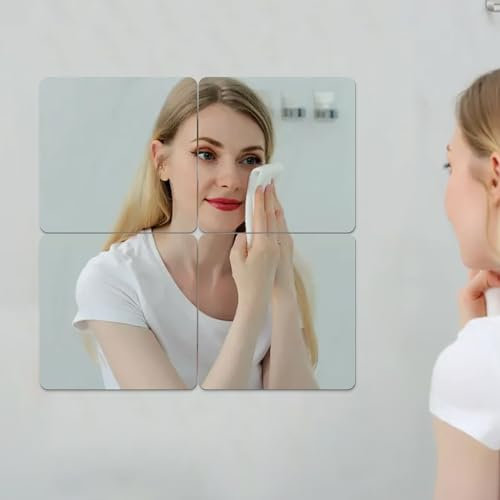 Lot de 4 miroirs autocollants muraux 20x20 cm acrylique pour armoire, porte, chambre
