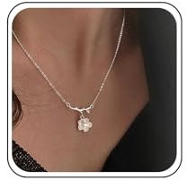 TseenYi Crystal Flower Pendant Necklace CZ Flower Necklace Silver Vine Leaf Pendant Necklace White Floral Chain Necklace Mininalist Chain Necklace Jewelry for Women and Girls
