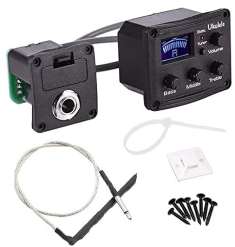 TUOREN Pastilla piezoeléctrica para ukelele con preamplificador, ecualizador de ecualizador de 3 bandas, sistema de afinación de preamplificador de ukelele con pantalla LCD y control de volumen