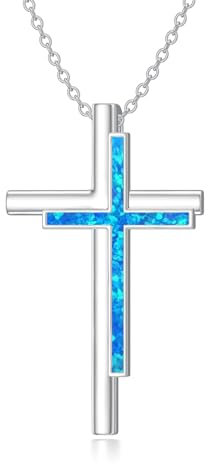 ROMANTICWORK Kreuz Kette Damen 925 Sterling Silber Kreuz Blauer Opal Anhänger Halskette Kreuz Schmuck Geschenke für Frauen Damen