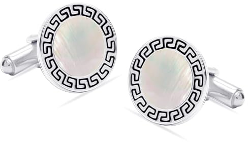 LeCalla 925 Sterling Silber Manschettenknöpfe für Männer | Perlmutt & Emaille Scheibenmanschettenknöpfe mit griechischem Schlüsselrahmen | Manschettenknöpfe Schmuck Geschenke für Sohn, Vater, Ehemann