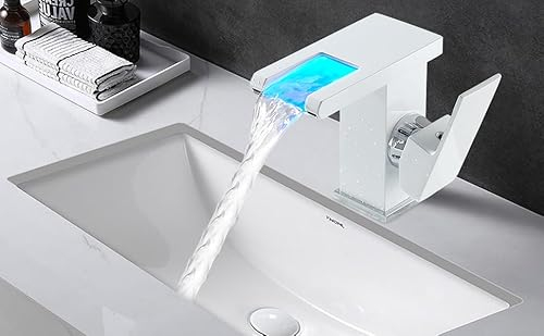 Bad Waschbecken Waschtischbatterie LED Wasserhahn mit 3 Farbewechsel Beleuchtung Wasserfall Waschtisch Armatur Wasserfall für Duschen Hotels Weiß