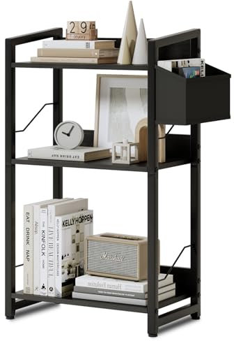 XIV Bookshelf, 3 Tier Industrial Bookshelf, Metal Small Bookcase, Rustic Etagere Book Shelf Storage Organizer Display Rack for Home Office, Living Room, and Bedroom (Black, 3 Tier)