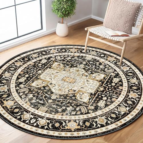 MUJOO Runder Teppich, 152 cm, schwarz, rund, waschbar, Boho-Teppich für Schlafzimmer, Wohnzimmer, rutschfester Überwurf, weich, Vintage, Schwarz und Gold, Blumenmuster