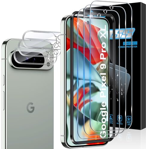Aerku Verre Trempé pour Google Pixel 9 Pro XL avec Caméra Arrière Protecteur [3+3 Pièces], Dureté 9H Protection écran Ultra HD Ultra Résistant Film Vitre, avec Cadre d'Installation