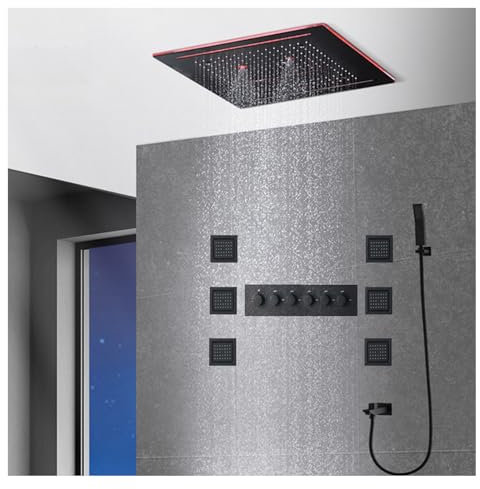SWHC Musicale Colonna Doccia Termostatica 64 Colori LED Set Doccia Termostatico con 6 Pezzi Getti Idromassaggio e Rubinetto della Vasca 400 * 400mm Set Doccia Incasso 6 Maniglie di Controllo Funzioni