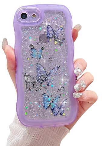 ZTUOK Compatible with iPhone 6/6S Case for Girls Women,Cute Clear Sparkly Bling Star Butterfly Pattern Curly Simple Wave Case Shockproof Protective Slim Soft TPU Glitter Cover for iPhone 6/6s-Purple