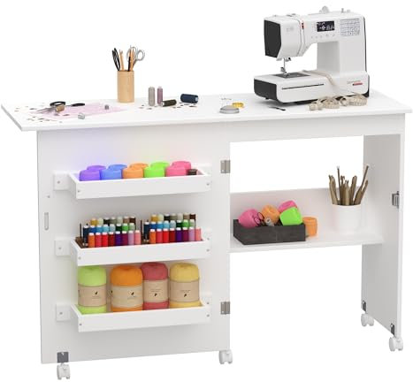 Nisorpa Folding Sewing Table,2-In-1Rolling Craft Table with Storage Shelves & Lockable Casters Large Drop Leaf Craft Table Multipurpose Sewing Machine Workstation Computer Desk for Home Office.