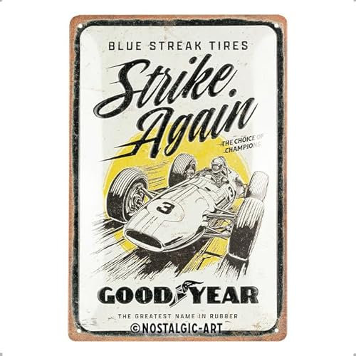 Nostalgic-Art Retro Blechschild, 20 x 30 cm, Goodyear – Blue Strikes again – Geschenk-Idee für Motor-Fans, Original Lizenzprodukt (OLP), aus Metall, Vintage Design, Blechschilder Sprüche, Reifen-Deko