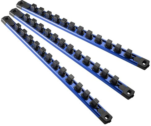 Reniteco Magnetic Socket Organizer, 3-Piece Heavty Duty Aluminum Socket Holder, Socket Rail for Tool Box, Premium Quality 360° Swivel Socket Rack with 36 Clips for 1/2-Inch(Blue)