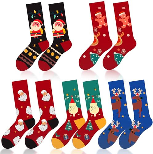 Lot De 5 Chaussettes Ambiance De Noël, Chaussettes De Noël, Chaussettes Mignonnes Avec Motif De Noël, Chaussettes Colorées Avec Motifs Amusants, Chaussettes De Noël Mi-Longues, Unisexe