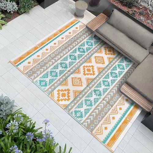 Famibay Alfombra Exterior 150 x 245 cm Motivo geométrico Alfombra Extragrande para Exteriores, Duradera, Plegable Rayos UV Alfombra Exterior terraza para Terraza Balcón Patio Camping Playa