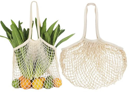 YFPOPONE Beige Netzbeutel, 2 Stück Einkaufstasche Netz, 35 * 35cm Mesh Beutel Wiederverwendbare, Einkaufstaschen Mit Langen Griffen, Tragbare Netztasche Für Den Kauf Von Obst Und Gemüse