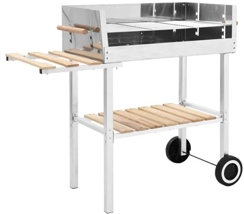 Brokky Griglia per Barbecue a Carrello XXL Acciaio Inox con 2 Ripiani|Garden Barbecue a Carbone Grill BBQ a Carbonella, Ripiani in Legno, Paravento e Ruote