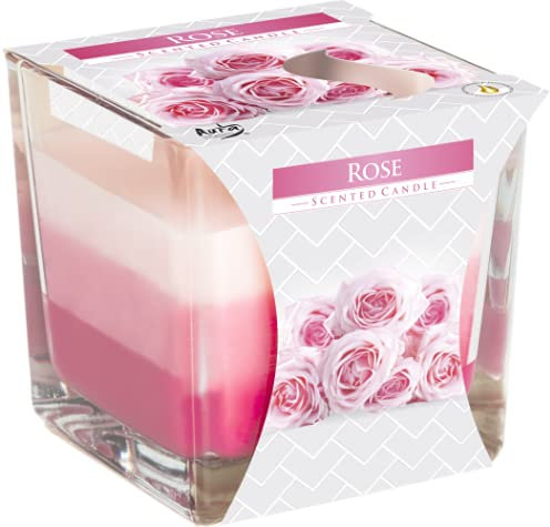 AURA Regenbogenkerze im Glas - Rosenduft, 32 Stunden Brenndauer, Paraffin Wachs, Kerze 170 g, Geschenkkerze, Angenehmer Rosen-Duft