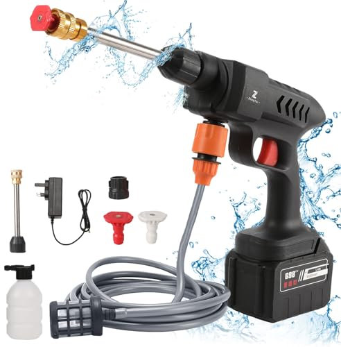 Nettoyeur Haute Pression sur Batterie, Nettoyeur Haute Pression sans Fil 60bar, 20000 mAh, avec Buse Multi-pulvérisation, Tuyau de 5M, Pistolet Eau Haute Pression pour Voitures Maison Jardin