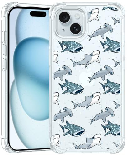 FANXI Shark Phone Case Compatible with iPhone 15 (6.1 Inch) - Shockproof Clear Soft TPU Protective Cover with Shark Design for Men, Women, and Girls