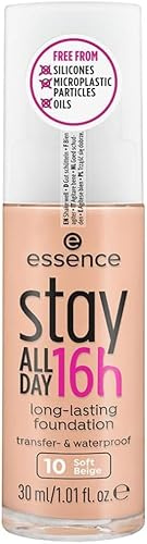 essence cosmetics stay ALL DAY 16h long-lasting Foundation, Make Up, wischfest, wasserfest, Nr. 10 Soft Beige, nude, langanhaltend, mattierend, weichzeichnend, matt, vegan, ölfrei, wasserfest (30ml)