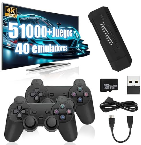 X2 Plus Consola de Videojuegos Retro Emulator 4K, Retro Game Stick con 128G de Almacenamiento 51000+ Juegos Clásicos 40+ Emuladores, Plug & Play con 2 x 2.4G Mandos Inalámbricos para Pantallas