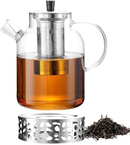 1.8L Teekanne Mit Siebeinsatz, Teekanne Glas Mit Edelstahl Erhitzer, Glaskanne Borosilikatglas, Spülmaschinenfest Für Aufbrühen Von Tee, Blumentee, Kräutertee Teebeutelnn