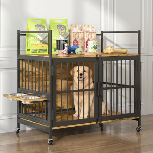 Hundekäfig Möbel mit Lagerregal, 99x58x96,5cm, Hundebox Möbel mit 360° Drehbaren Hundenäpfen und mit Rädern, Hochbelastbarer Hundekäfig für Zuhause, Hundeschrank für große und mittlere Hunde