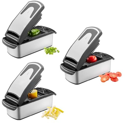 GEFU TREPPO 2.0 Würfel‑Stifte‑Schneider Edelstahl 1 l | 3 Einsätze für Würfel, Stifte & Scheiben | Rutschfester Auffangbehälter, spülmaschinengeeignet