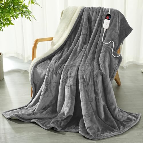 COZYTY Heizdecke mit Abschaltautomatik 130x180cm, Maschinenwaschbar, Grau | Sherpa & Flanell Elektrische Wärmedecke, 6 Heizstufen &10-Std. Abschalt-Timer, Überhitzungsschutz, CE Certified